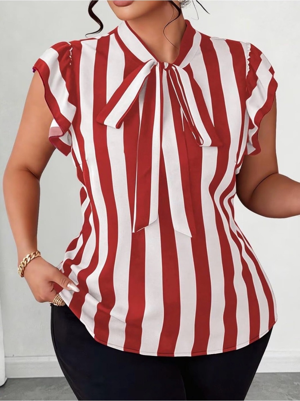 Red and White Vertical Stripe Ruffle Sleeve Blouse